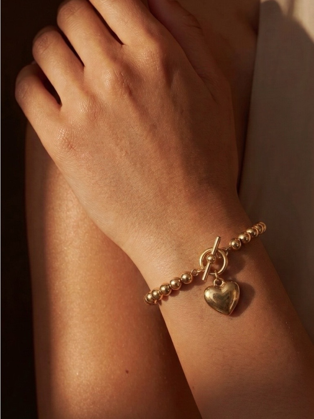 Gold Bead Heart Charm Bracelet - Women's Fashion Jewelry